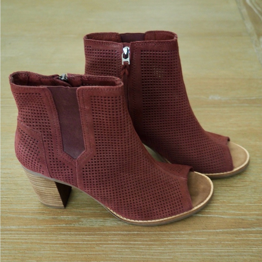 TOMS Majorca Peep Toe Perforated Suede Ankle Boots, Size 8